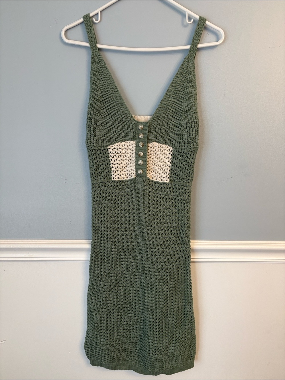 Emory Park Olive Green Cream Crochet Mini Dress Festival beach summer